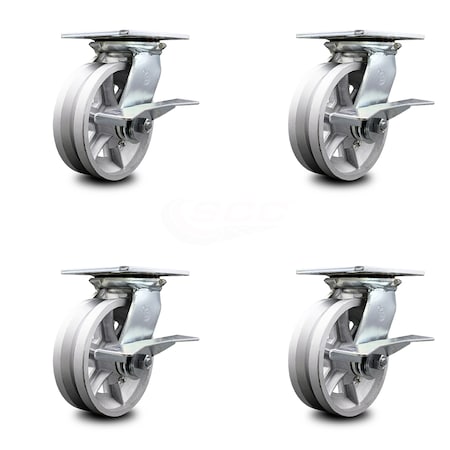 Service Caster 6 Inch Heavy Duty V Groove Semi Steel Caster Set with Roller Bearings and Brakes SCC-35S620-VGR-SLB-4